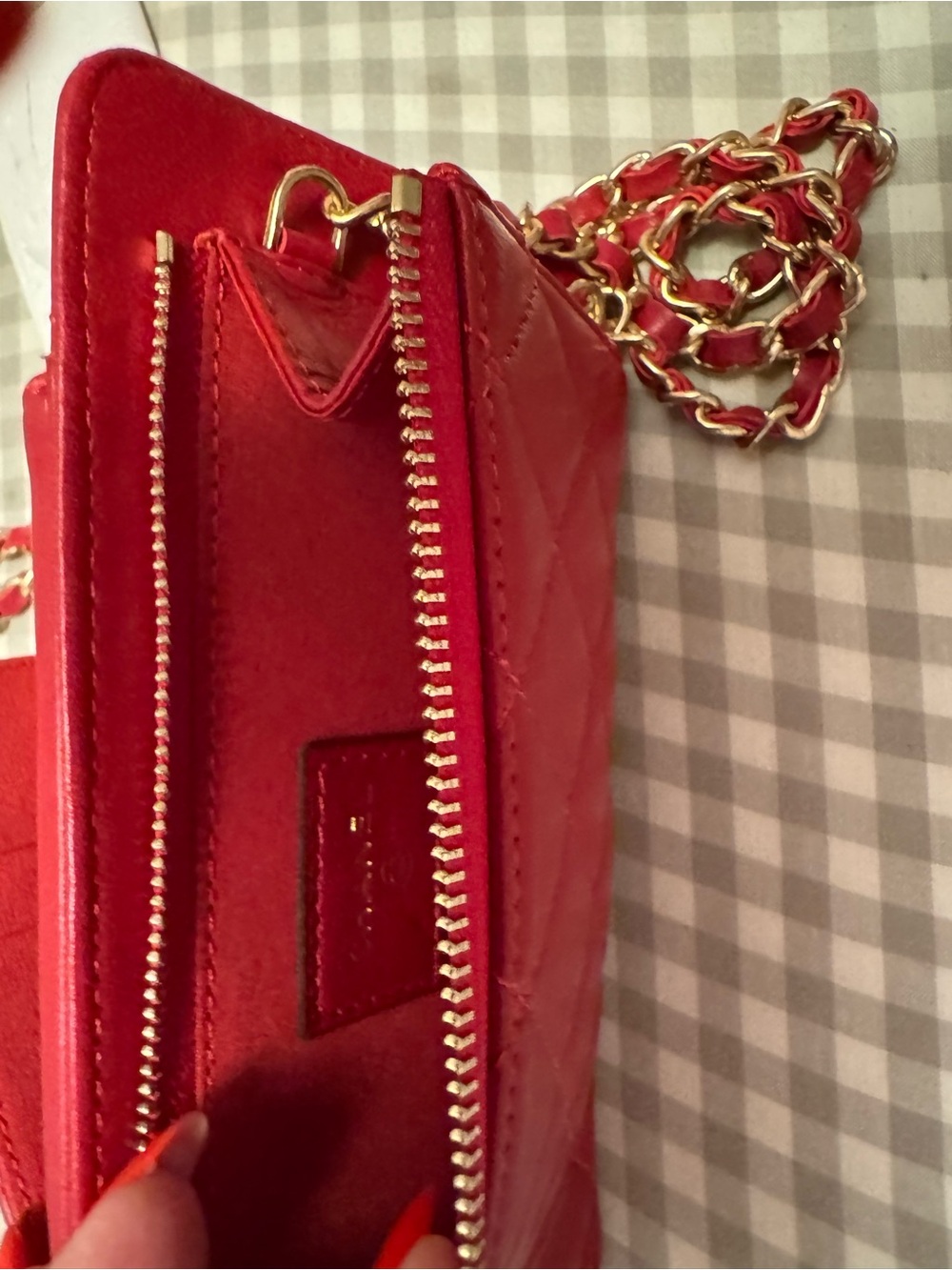 Quilted Red Leather Chain Crossbody Phone Pouch with Gold CC - Picture 5 of 8
